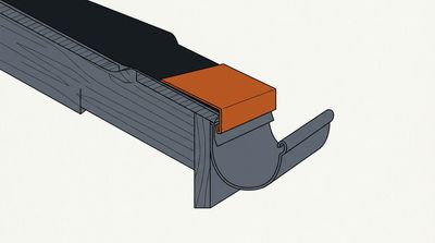 Eave cutaway showing drip edge, gutter apron, fascia and seamless gutter assembly