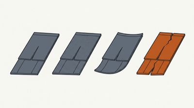 A roof shingle shown in four stages of weathering from new to cracked