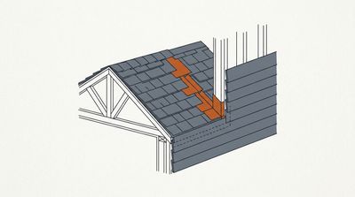 Detail of step flashing woven between shingle courses at a roof-to-wall intersection