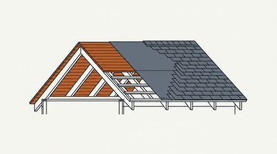 Cross-section of a roof replacement showing bare deck, underlayment and finished shingle courses