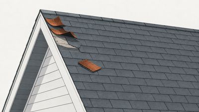 Cross-section showing wind uplift lifting the first shingle course at a rake edge